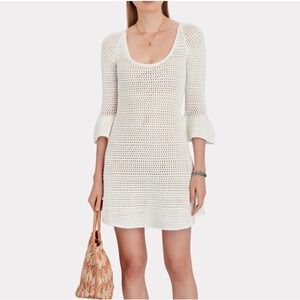 INTERMIX White Crochet Knit Mini Dress Long Bell Sleeve Ruffle Hem Size P Small